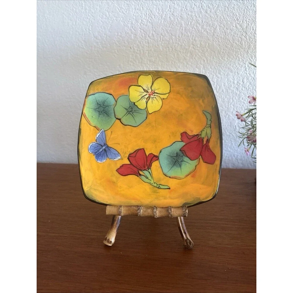 Rainbow Gate Santa Fe Pottery Plate RARE Square Plate Nasturtium Butterfly 7.75